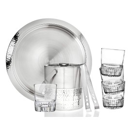 Godinger Bar Set Stainless Steel Hammered and Glass with Ice Bucket – 4 Glasses - Tong - 7 pc Set