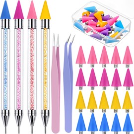 Tatuo 4 Pcs Dual-ended Rhinestone Picker Tool Handle Rhinestones Applicator with 20 Replacement Wax Tips Wax Pencils Painting Dotting Pens with 2 Tweezers for DIY Nail Art Crafts Gems (Multicolor)