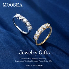 MOOSEA 5 Stone Moissanite Promise Rings for Her, 4MM D Color VVS1 Clarity Lab Created Moissanite Band 14K Yellow Gold Vermeil Moissanite Anniversary Rings for Women Promise Rings for Her Jewelry Gifts