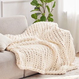 Negwoo Chunky Knit Throw Blanket, 50''*60'' Knitted Throw Blankets for Bed Couch, Handmade Thick Cream Crochet Blanket Big Thich Blanket, Machine Washable Cute Comfy Blanket for Home Decor