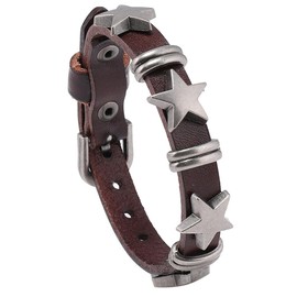 LHUOSN Genuine Leather Bracelet for Men Women, Braided Punk Biker Wristband, Adjustable 6.5-9.0 inches (0.58" Wide Star Brown)