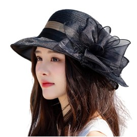 SIQITECHUK Women Wide Brim Sun Beach Travel Church Hat Kentucky Fascinator Retro Derby Tea Party Hats Summer Bucket UV Protection Cap Organza Weeding Flower Elegant Sun Cap for Outing Black