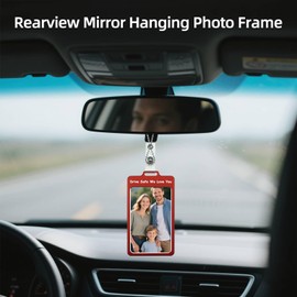 Car Rearview Mirror Hanging Metal Photo Frame, Drive Safe Cute Mini Picture Holder Frames, Car Rear View Mirror Decor Accessories (Red - Drive Safe)