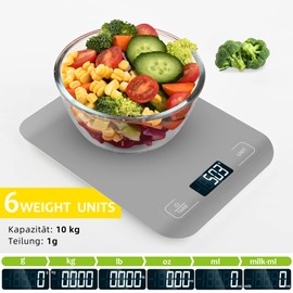 Digital Kitchen Scales, 10 kg Kitchen Scales with LCD Display and Tare Function, Professional Digital Scales for Baking and Cooking, Exactly 1 g - (Grey)