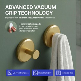 HOME SO Suction Cup Hooks for Shower & Bathroom Towel Holder 2-Pack – Suction Cups Hooks for Hanging Towels, Robes, & Coats - Tiles, Glass Door or Mirror – Shower Hooks & Towel Hooks Organizer - Gold