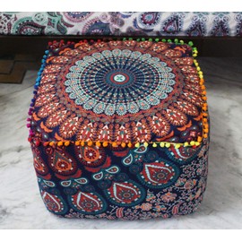 CRAFT KALA Indian Square Patchwork Traditional Pouf Cover Indian Living Room Poufs Cover Decorative Designer Ottoman Home Living Footstool Pom Ottoman Cover Decor 20X20X14 inches, Multi-Color Mirchi