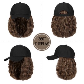 Qlenkay Baseball Cap Hair with 14 inch Wave Curly Bob Hairstyle Adjustable Wig Hat Attached Short Extensions Synthetic for Women Medium Blonde Mix Ash Blonde