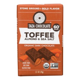 UD_Taza Organic 2.5 oz Dark Chocolate Bar Stone Ground Case of 10-Toffee Almond and Sea Salt Flavored Sweet Chocolate