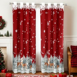 CAROMIO Christmas Curtains for Living Room 2 Panels, Velvet Long Red Window Curtains, Floral Holiday Decoration Curtains, Thermal Insulated Room Darkening Curtain（Reindeern, 52 x 63 Inches, 2 Panels）