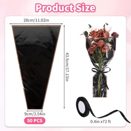 50PCS Flower Bags for Bouquets, Wrapping Paper for Flower Bouquet, Clear Floral Wrapping Sleeves Bags Paper Holder with Ribbon for Gifts Supplies Mother's Day Valentine's Day 17.1×11×3.5 in ,Black