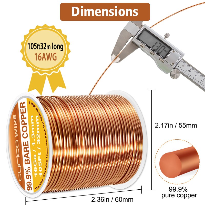 99.9% Pure Bare Copper Wire, 16 Gauge 105 Feet Solid