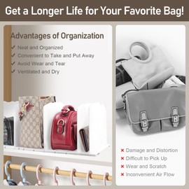 MAYSONG Adjustable Purse Organizer for Closet - White Handbag Separators, Closets Divider for Clothes Purses Handbag (2 Base Boards 8 Shelf Dividers)
