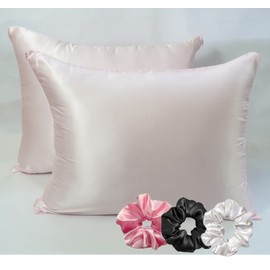 Safhome Satin Silk Pillowcase for Hair and Skin (Standard Light Pink, 20x26 inches) with 3 Scrunchies| Silky Slip Cooling Super Soft Luxurious Pillow Covers Set of 2 Pack with Hidden Zipper Closure