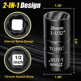Topec 26mm x 27mm Flip Lug Nut Extractor, 1/2" Drive Lug Nut Removal Tool, 2-IN-1 Wheel Lock Remover Socket