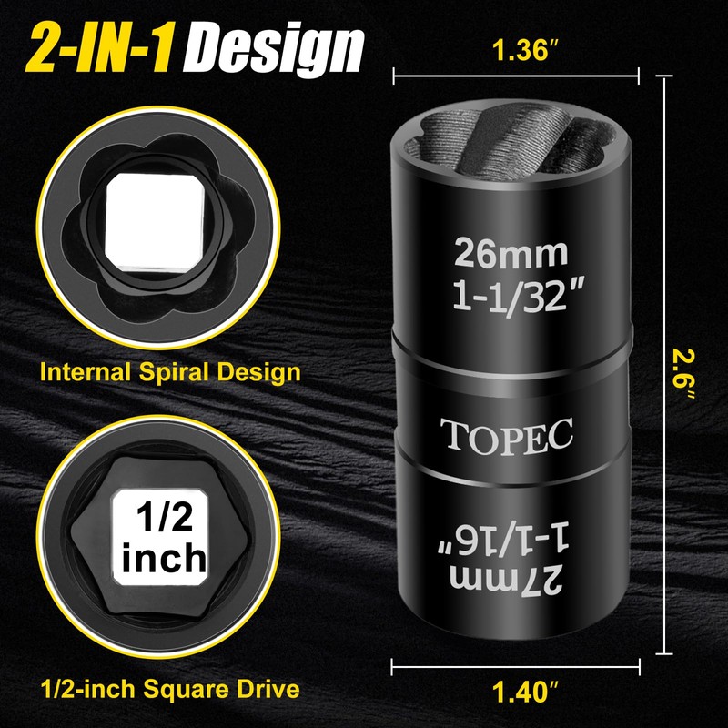 Topec 26mm x 27mm Flip Lug Nut Extractor, 1/2" Drive