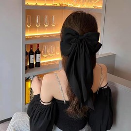 Black Hair Bows Clips for Girls Hair Ribbons for Women Hair Satin Black Hair Bow Barrettes Metal Bowknot Hair Clips With Long Tail Bow Clips for Christmas Hair Pin Accessories for Birthday Party