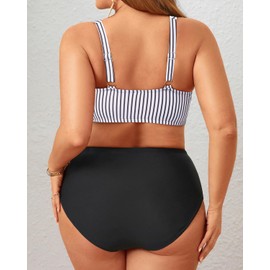 Holipick Two Piece Plus Size Swimsuits for Women High Waisted Bikini Tummy Control Bathing Suits Twist Front Swimwear Black Stripe