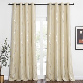 NICETOWN Blackout Curtains 90" Long 2 Panels, 52", Biscotti Beige, Foil Printed Wave Lines Energy Saving Thermal Insulated Blackout Draperies for Patio Hall Studio