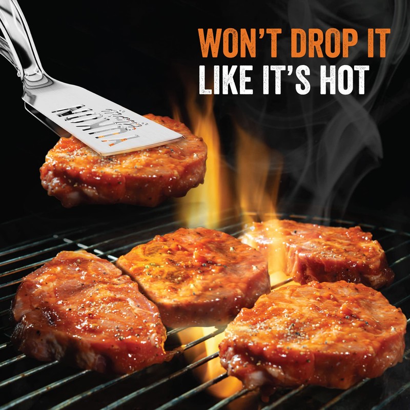 Yukon Glory™ Premium Stainless-Steel, Rubber-Grip Tongs-Spatula, Perfect for Grilling, Cooking,