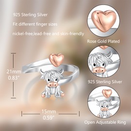 DRINSPER Highland Cow Ring Gifts for Women 925 Sterling Silver Adjustable Cow Open Rings with Heart,Cute Animal Cow Jewelry for Women MOM Birthday Mother's Day Daughter