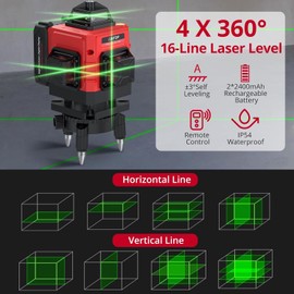 16 Line Laser Level 4 X 360° Laser Level (Class 2 Laser, <1mW Power Output) 30M/98Ft Self-Leveling & Remote Control Green Cross Line Laser Leveler Tool for Construction,Indoor,Renovation,DIY