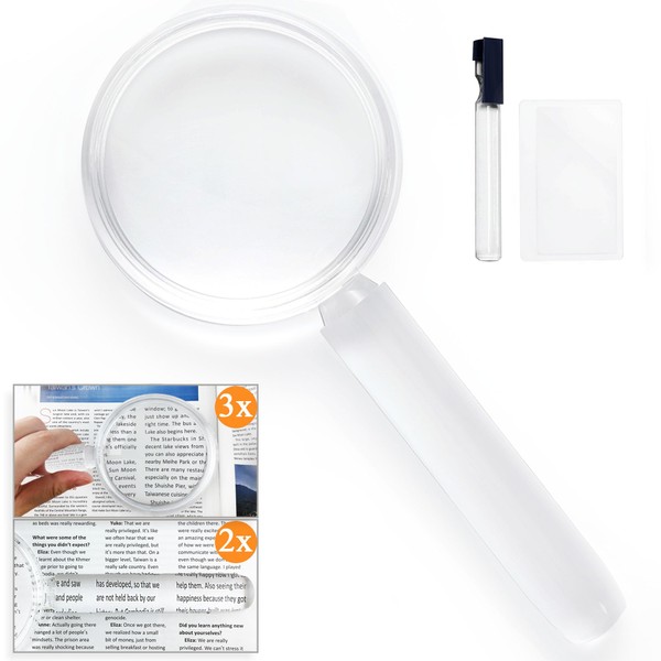 MAGDEPO 3X Handheld Magnifier 2-in-1 Crystal Clear Transparent Acrylic Magnifying Bar for Reading Small Prints, Books, Magazines, Documents, Maps, Hobbies, Inspections, etc.