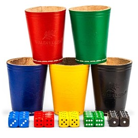 Waldfelsen® 5 Genuine Leather Dice Cups (9 cm) with 30 Wooden Dice (16 mm) Made of Beech Wood Leather Cup Dice Set Eye Cube Game Dice (Colours: Blue, Red, Yellow, Green & Black)