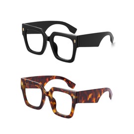 JM 2 Pack Oversized Square Trendy Blue Light Blocking Reading Glasses for Women, Big Wide Fashion Computer Readers Black & Tortoise +2.0
