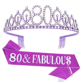 Semato 80th Birthday Decorations for Women Purple 80th Birthday Crown and Sash Gifts for Women Party Supplies and Favors