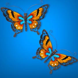 Large Butterfly Metal & Stained Glass Colorful Garden Art Decor Pediment Sculpture Fence Wall Yard for Indoor Outdoor 19" x 14" (S/2 Butterflies)