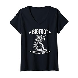 Womens Bigfoot Special Forces - He's Got a Gun and uniform V-Neck T-Shirt