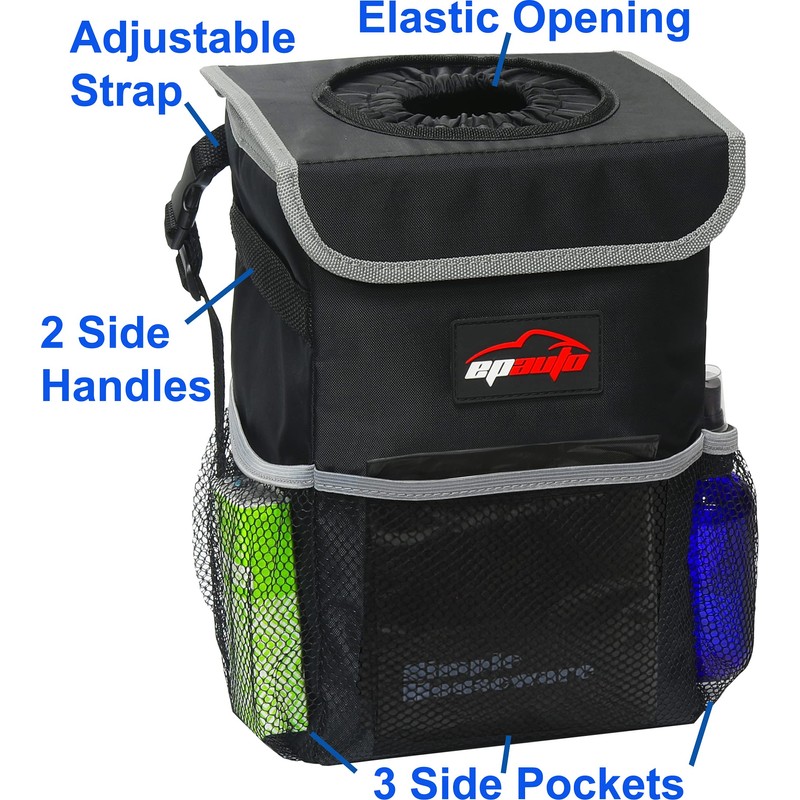 EPAuto Waterproof Car Trash Can with Lid and Storage Pockets,