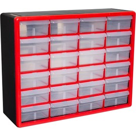 Akro-Mils 24-Drawer Plastic Drawer Storage Cabinet for Garage Organization, Bead Organizer, Building Bricks Storage, Teacher Toolbox, Makeup Organizer, 20-Inch W x 6-Inch D x 16-Inch H, 10124 Red