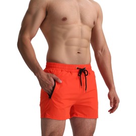 LINMYZAI Orange Men's Swim Trunks 5" Inseam with Mesh Lining Zipper Pockets Swimwear Quick-Dry Bathing Suits for Men M