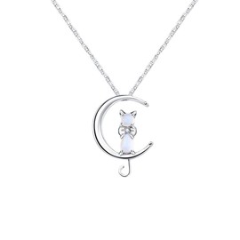 Chereda Power Necklace 925 Silver Lovely Cat Moon Animal Minimalist Charm Collares Pendant Necklace