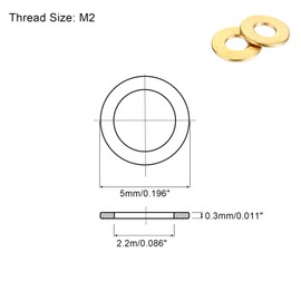 sourcing map 300Pcs M2 Flat Washer, Brass 2.2mm ID x 5mm OD x 0.3mm Thick for Bolt Screw, Factories Repair, Kitchens, Shops, and Outdoor Construction
