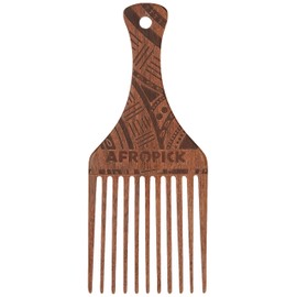 AFROPICK Wood Hair Pick for Long, Thick, Curly, & Afro Hair (Engraved Brown)