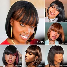 ToyoTress Bob Peluca Con Bangs - 12 Pulgadas Peek-A-Boo Color Bob Corto Peluca Para Mujeres Negras Mezcla Negra Marrón Diaria Pelucas De Disfraz, Luz 