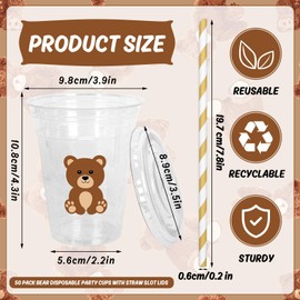 Whaline 50Pcs Bear Disposable Plastic Cups with Lids and Straws 12oz Cute Brown Bear Party Cups Cold Beverage Drinking Cups for Baby Shower Birthday Party Supplies