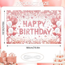 Ulikitty Rose Gold Birthday Banner, 70.8 x 43.3 inches, Pink, Celebration Theme, Indoor/Outdoor Use, Polyester Fabric, Rope Mount, Standard Banner, Ideal for Birthday Parties