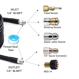 50FT Sewer Jetter Kit for Pressure Washer,Sewer Jetter Nozzles Kit,Drain Cleaning Hose, Rotating and Button Nose Sewer Jetting Nozzle,1/4 Inch NPT, Pearl Corsage Pin 5800 PSI (50)