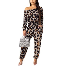 Women One Shoulder Jumpsuit - Casual Fall Long Sleeve Loose One Piece Pants Suit Set Club Outfit Leopard S