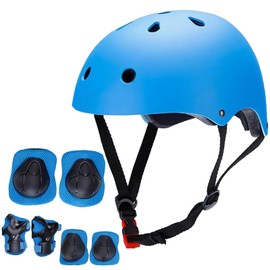 Fishlead Protecciones para Patinar Niños, Conjuntos de Patinajes Niños, Juego de Casco de Bicicleta para Niños, Rodilleras, Coderas, Muñequeras, Ajustable (48-54CM), para Monopatín, Patinaje (Azul)
