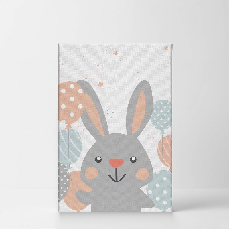 Smile Art Design Cute Gray Rabbit with Balloons White Background