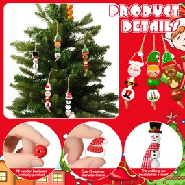 Cinnvoice 240 Pcs Christmas Wood Beads with Twine Santa Gingerbread Man Elf Penguin Snowman Wooden Beads Garland Christmas DIY Crafts Round Beads for Xmas Winter Party Farmhouse Home Decor