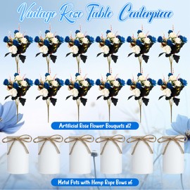 Domensi 6 Sets Wedding Centerpiece for Table Artificial Rose with Vase Fake Bouquets and Metal Pot Floral Arrangements for Holiday Party Event Table Decor (Dark Blue)