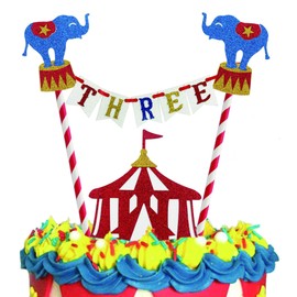 Decoración para tarta de 3er cumpleaños de circo, tres años de edad, temática de circo para fotomatón para niños o niñas, decoración de tartas, suministros de purpurina (circo tres cumpleaños)