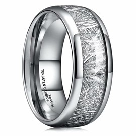King Will METEOR Mens 8mm Silver Tungsten Carbide Meteorite Inlay Domed High Polished Ring 8