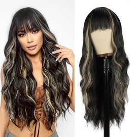 Vomella Black Mix Blonde Wig With Bangs 26 Inch Long Curly Wavy Wig for Women Natural Looking Synthetic Heat Resistant Wig for Daily Party Use