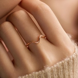 KIFUTENG Wave Ring, 925 Sterling Silver Ocean Wave Rings for Women Cubic Zirconia Self Reminder Up and Down High and Low Ring Ideal Minimalism Jewelry Graduation Gifts, Metal, No Gemstone